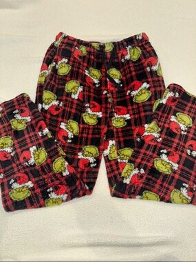 Dr. Seuss Womens Size Small Red and Black Plaid Grinch Fleece Pajama Pants